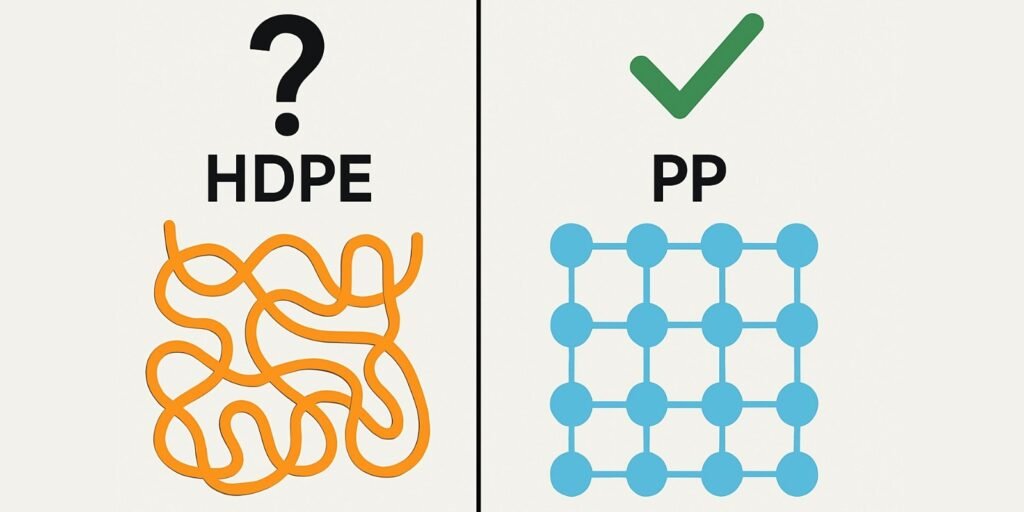 An animated graphic showing the long, tangled polymer chains of HDPE versus the more organized, crystalline structure of PP.