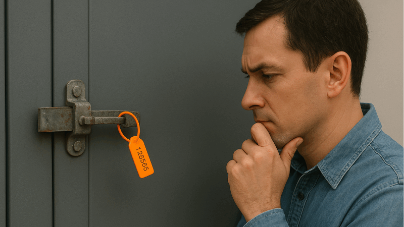 An employee looking at a numbered seal on a cabinet, deciding against tampering because they know it's being tracked.