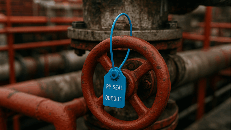 A PP seal attached to a valve on a chemical tanker, looking pristine despite the harsh industrial environment.