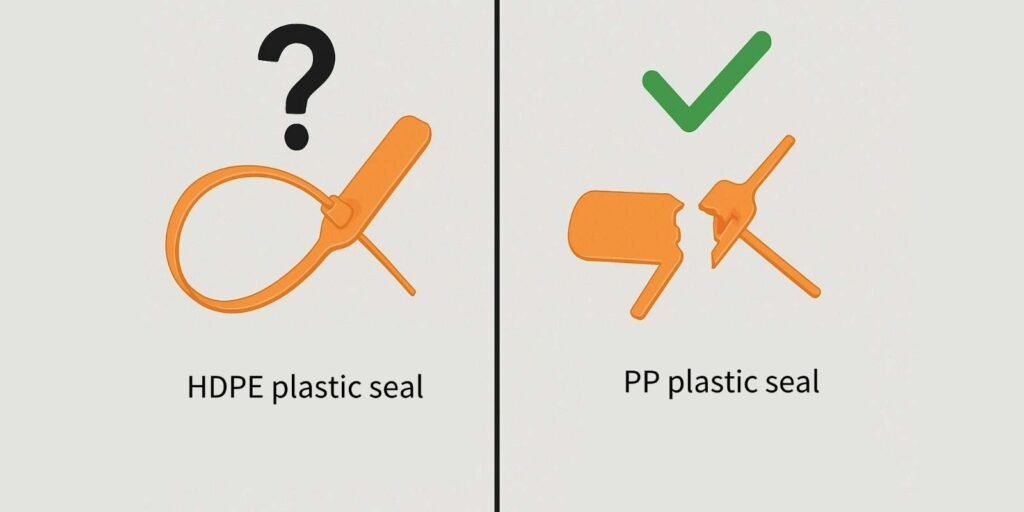 A split image: On the left, a bent HDPE seal with a question mark over it. On the right, a snapped PP seal with a clear "broken" gap and a checkmark.