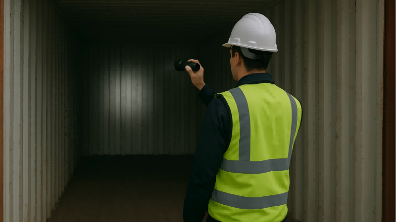 A person in a high-visibility vest inspecting the inside of an empty shipping container with a flashlight.