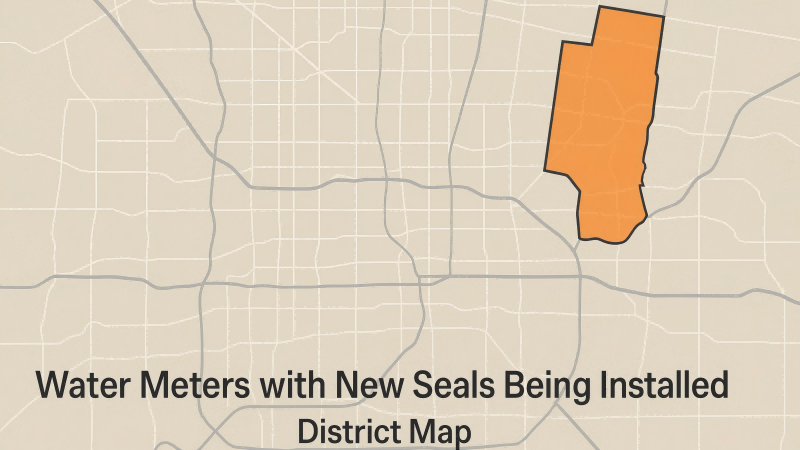 Pilot Program for Estimating Water Theft A map of a district with one specific zone highlighted, showing water meters with new seals being installed.