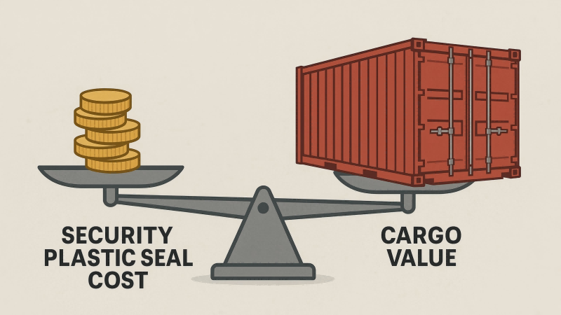 Price vs. Value in Security Seals A scale balancing a small pile of coins (representing seal cost) on one side, and a shipping container (representing cargo value) on the other.