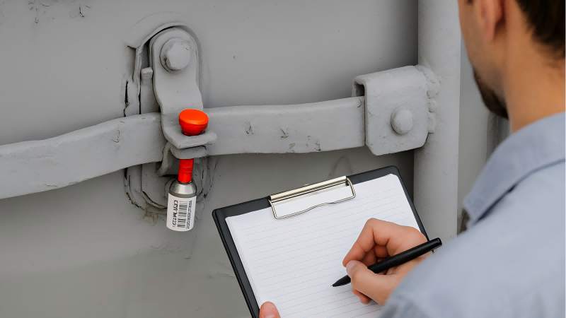A person was holding a log, recording the bolt seal locked in the container