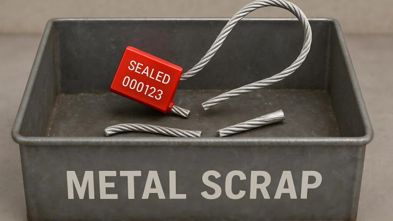 A properly discarded cable seal, with the cut pieces placed directly into a designated metal scrap bin.