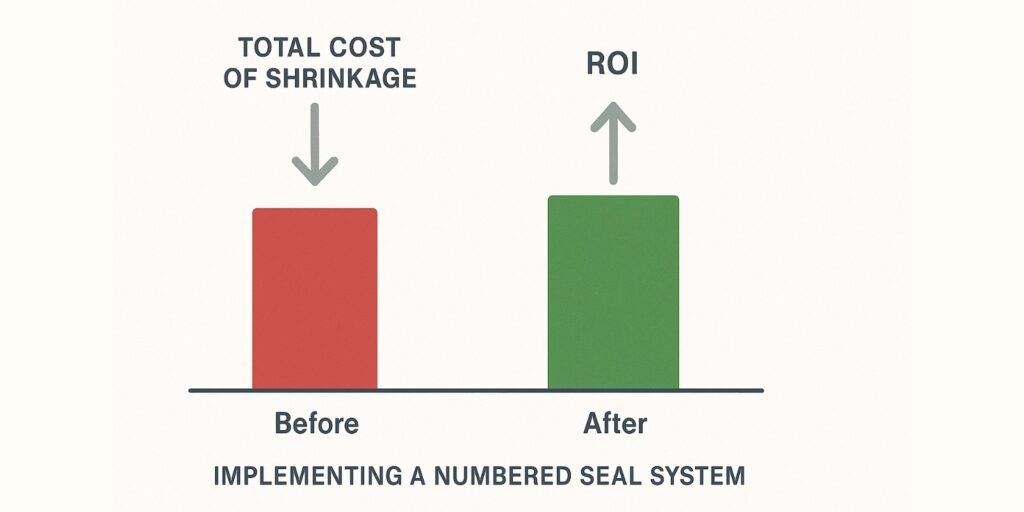 A simple chart showing the Total Cost of Shrinkage decreasing and ROI increasing after implementing a numbered seal system.