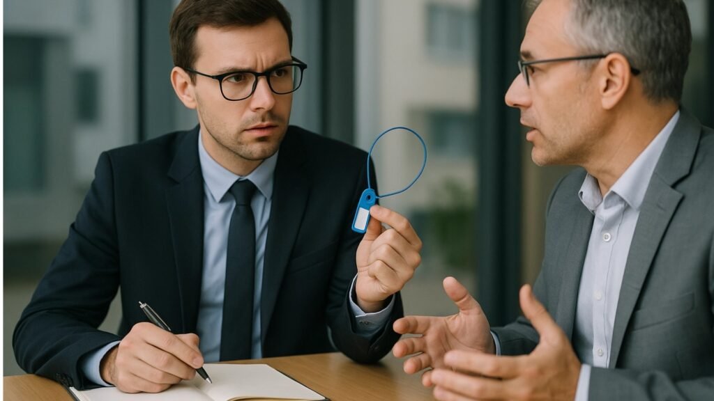 Two professionals in a meeting, one asking questions while looking at a security seal, the other answering.