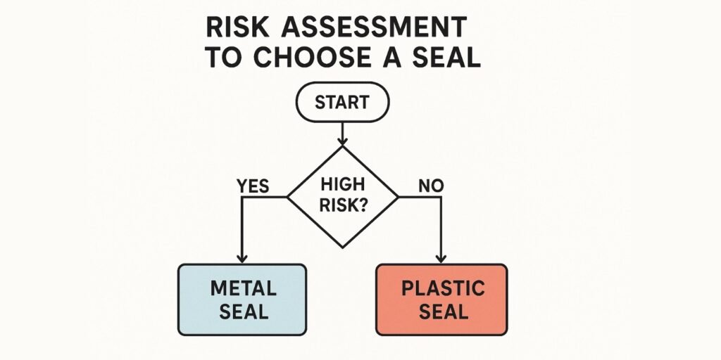 A flowchart guiding the user through a risk assessment to choose between a metal or plastic seal.