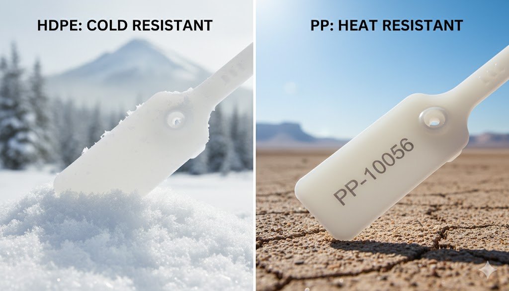 Security Seals in Extreme Temperatures A HDPE seal in a snowy, cold environment and a PP seal in a hot, sunny desert environment.