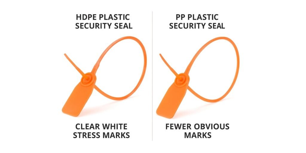 Tamper Evidence comparison on HDPE and PP Seals Showing a bent HDPE seal with clear white stress marks, compared to a PP seal that is bent but shows less obvious marks.