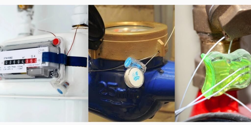 A collage of three different meter seals correctly installed on an electric, water, and gas meter respectively.