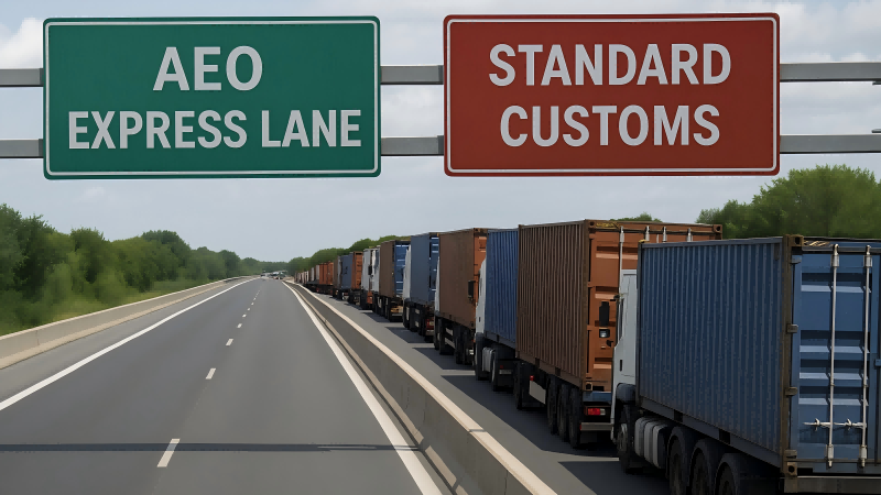 The AEO Customs Express Lane A highway visual with a clear, open "AEO Express Lane" next to a congested lane labeled "Standard Customs."