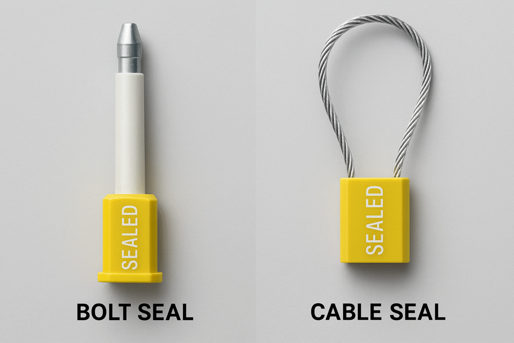 The Difference Between a Bolt Seal and a Cable Seal A side-by-side comparison showing the rigid structure of a bolt seal and the flexible wire of a cable seal.