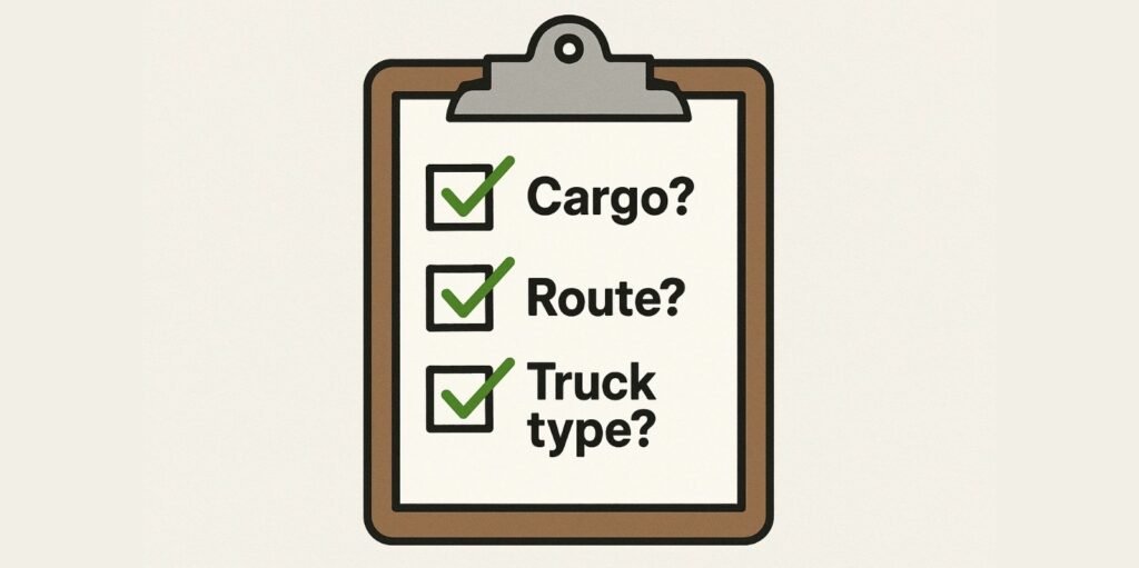 A simple checklist on a clipboard with checkmarks next to questions about cargo, route, and truck type.