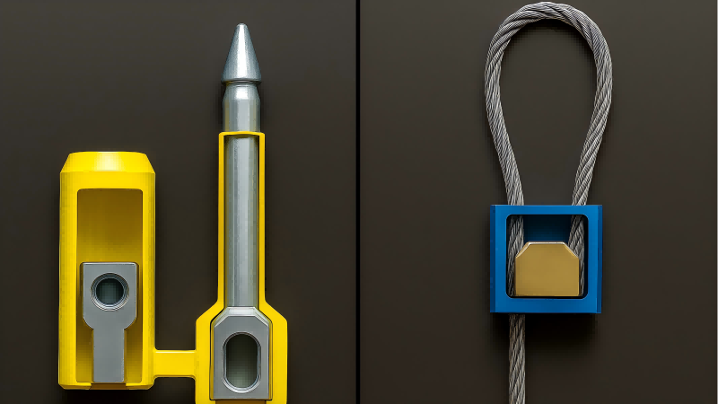 Showing the two separate-piece construction of a bolt seal, next to the single-unit construction of a cable seal.