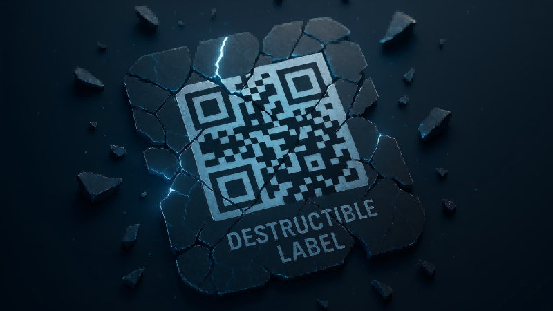 The Future of Smart Destructible Labels A futuristic concept image of a shattered destructible label, where one of the fragments is a scannable QR code.