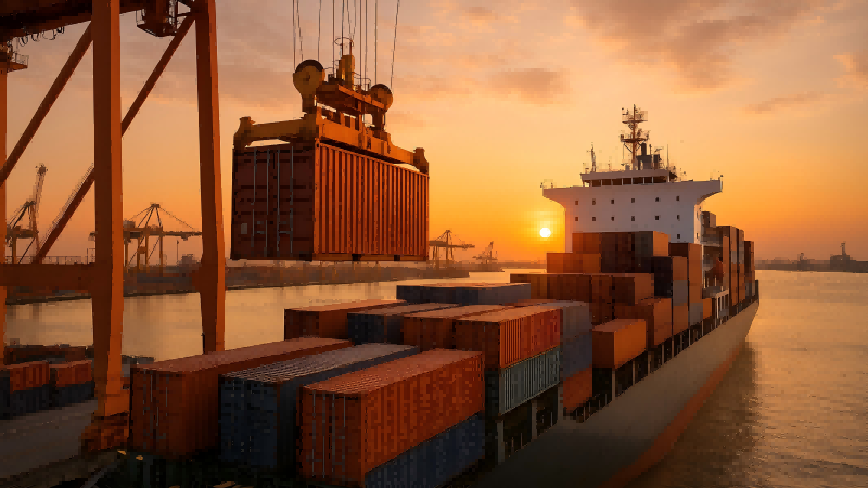 A wide shot of a shipping container being loaded onto a cargo ship at a busy port, with the sun setting in the background.