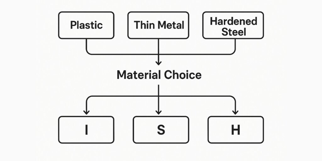 A flowchart illustrating how material choice (Plastic, Thin Metal, Hardened Steel) leads directly to an ISO rating (I, S, H).