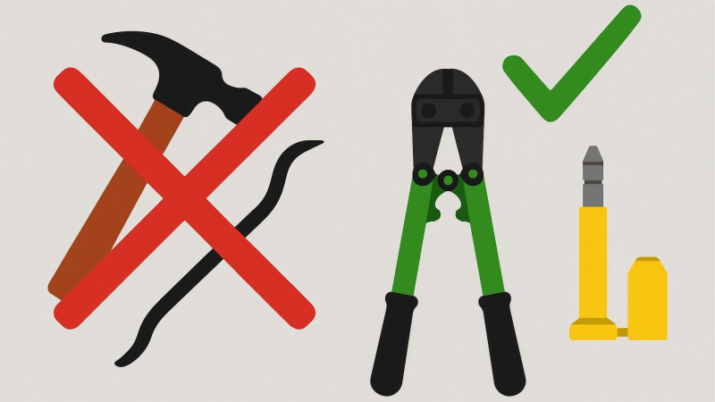 A red "X" over a hammer and pry bar, and a green checkmark over a pair of bolt cutters next to a bolt seal.