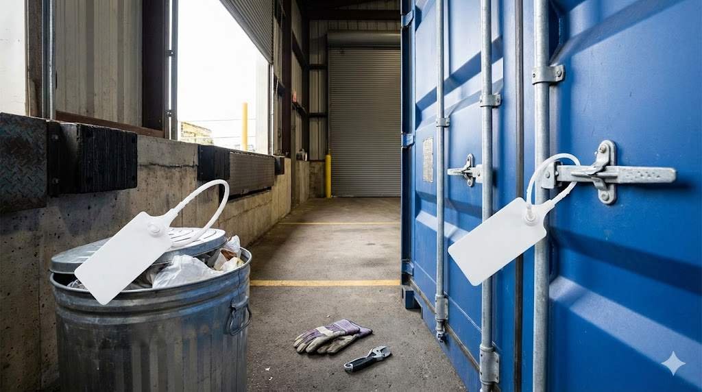 An image showing two identical unmarked plastic seals side-by-side, one in a trash can and one on a container, illustrating the ease of replacement.