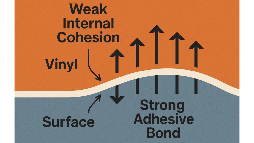 The Science of Cohesion vs. Adhesion in Destructible Labels A close-up infographic showing the forces: a strong adhesive bond to the surface and weak internal cohesion in the vinyl layer.