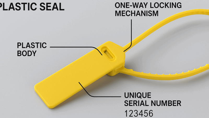 The Three Dimensions of a Tamper-Evident Plastic Seal Showing a plastic seal with callouts pointing to its one-way locking mechanism, its plastic body, and its unique serial number.