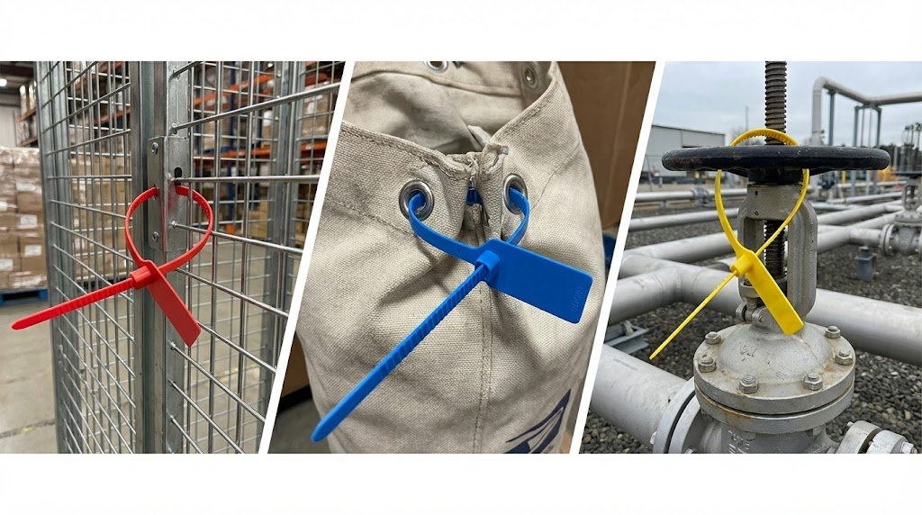 The Versatility of Adjustable Length Plastic Seals in Logistics Showing an adjustable length plastic seal being used on a variety of items: a roll cage, a canvas bag, and an industrial valve.