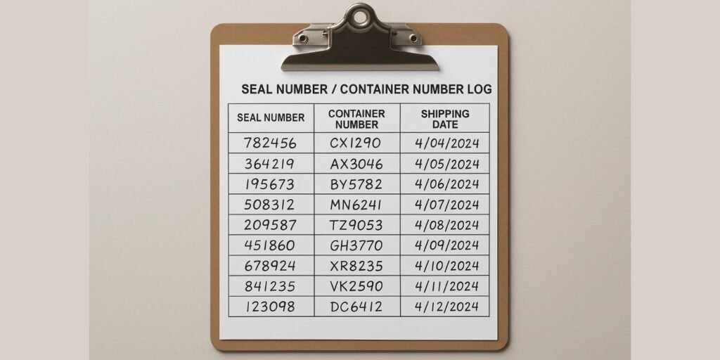A clipboard showing a log of seal numbers matched to container numbers and shipping dates, creating an unbroken chain of custody.
