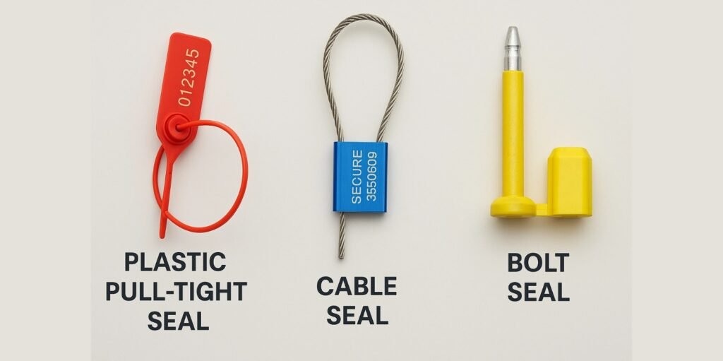 Types of Car Seals: Plastic, Cable, Bolt A side-by-side photo displaying a plastic pull-tight seal, a metal cable seal, and a heavy-duty bolt seal.