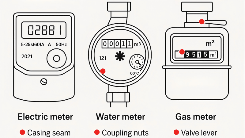 A diagram showing the unique weak points on an electric meter (casing seam), a water meter (coupling nuts), and a gas meter (valve lever).