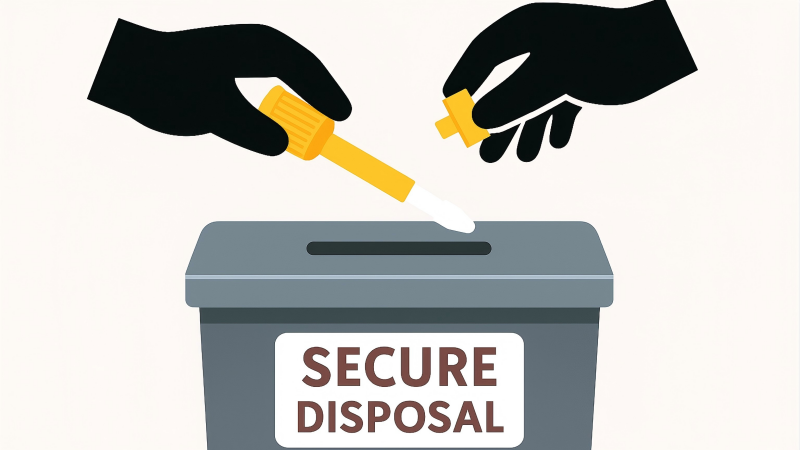 A hand holding the two separated pieces of a cut bolt seal over a designated "secure disposal" bin.