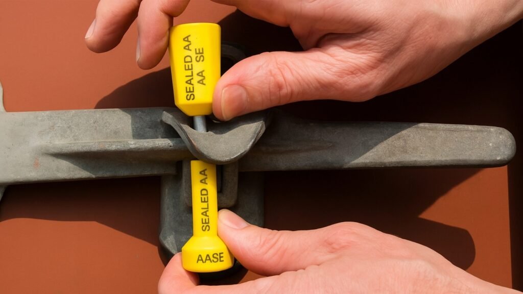 Two hand is shown physically tugging on a correctly placed bolt seal to verify it is locked.