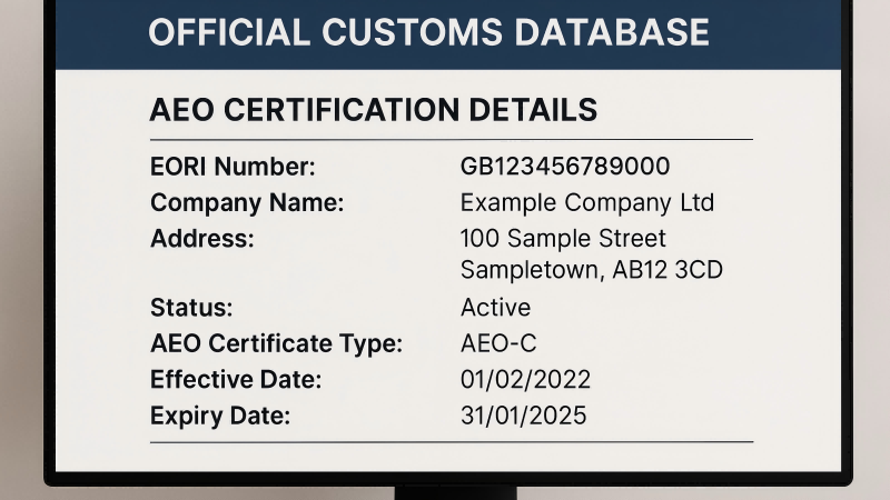 Verifying a Supplier's AEO Status A computer screen showing an official customs database with a company's AEO certification details displayed.