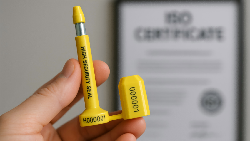 A buyer's hand holding a high-security bolt seal up for inspection, with a blurred ISO certificate in the background.