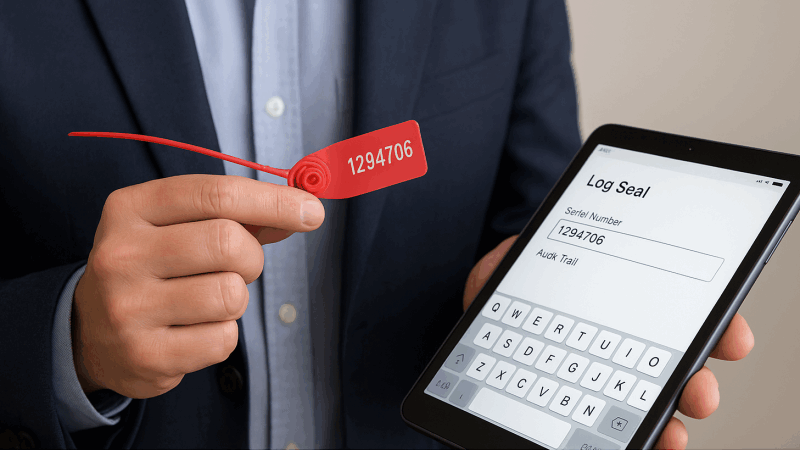 Serial Numbers Create a Data Proof Chain A manager logging a seal's serial number into a digital system on a tablet, establishing a clear audit trail.