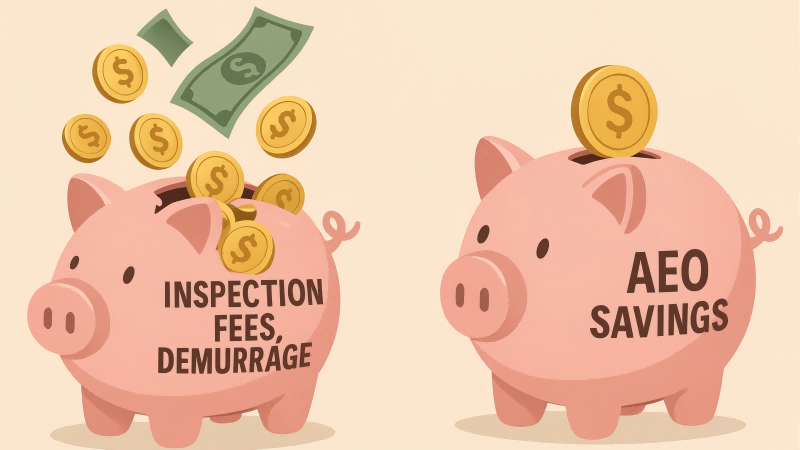 The Hidden Cost Savings of AEO An image of a piggy bank with money flowing out, labeled "Inspection Fees, Demurrage," contrasted with a full piggy bank labeled "AEO Savings."