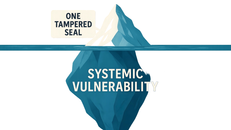 An iceberg with a small, visible tip labeled "One Tampered Seal" and a huge, submerged base labeled "Systemic Vulnerability."