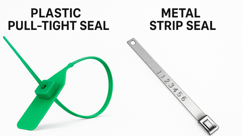 A side-by-side comparison of a plastic pull-tight seal and a metal strip seal.