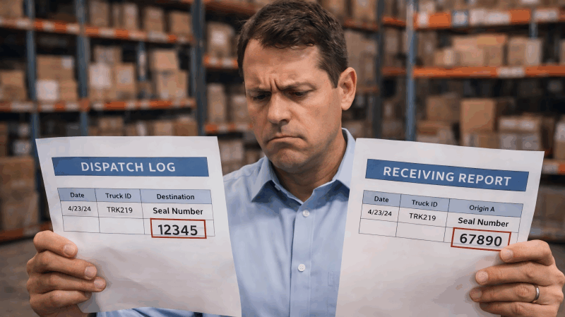 A frustrated manager holding two conflicting documents: one is a dispatch log with one seal number, the other is a receiving report with a different seal number.