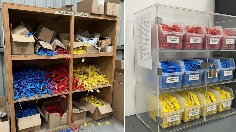 A side-by-side comparison: On the left, a disorganized shelf with open boxes of seals. On the right, a locked, transparent cabinet with neatly organized and labeled bins of seals.