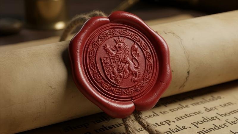 A detailed close-up of a medieval wax seal bearing an intricate crest from a signet ring.