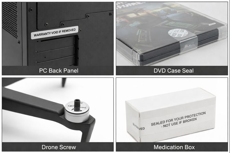 Showing warranty void stickers in use: on the back of a PC, sealing a DVD case, over a screw on a drone, and on a medication box.