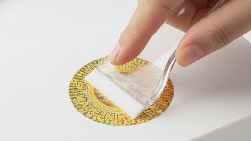 A plastic squeegee being used to apply firm, even pressure from the center of a hologram sticker outwards.