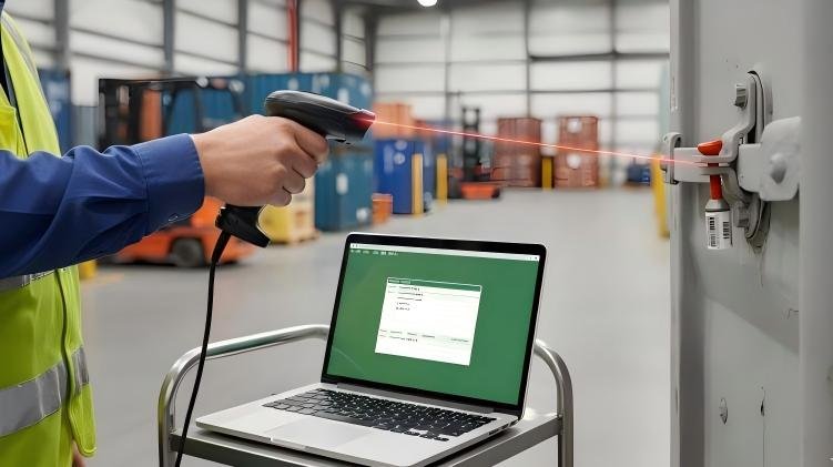 A warehouse worker scanning a barcoded bolt seal with a handheld device just before applying it to a container, with a laptop screen showing the seal number populating a form.