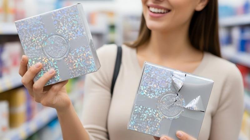 A customer in a store looking at two product boxes. One has a pristine holographic seal, which they are smiling at. The other has a broken seal, which they are ignoring.