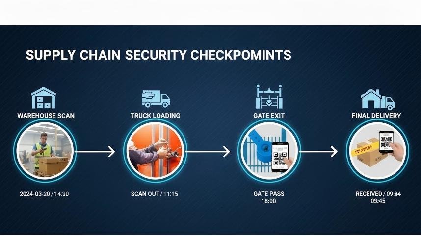 A flowchart graphic showing a barcoded security seal being scanned at multiple checkpoints: warehouse, truck loading, gate exit, and final delivery.