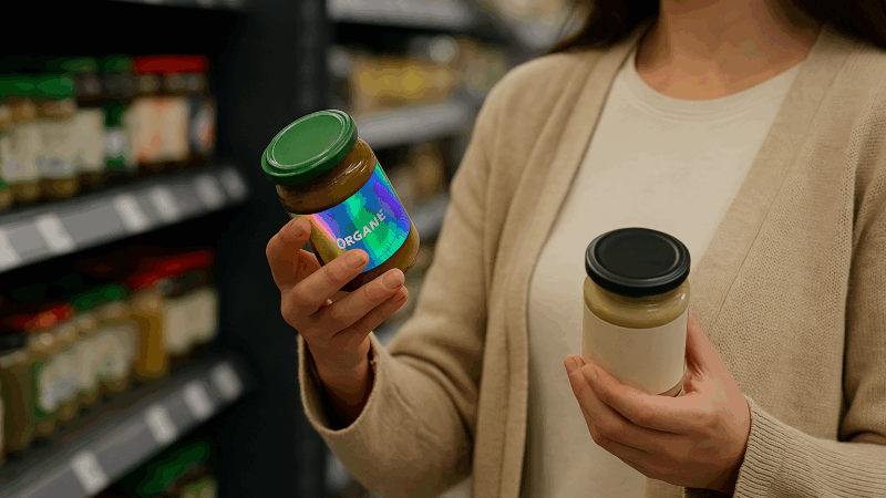 Business Value and Shelf Appeal of Hologram Labels A customer in a store picking up a product with a bright hologram label, choosing it over a generic-looking competitor product next to it.
