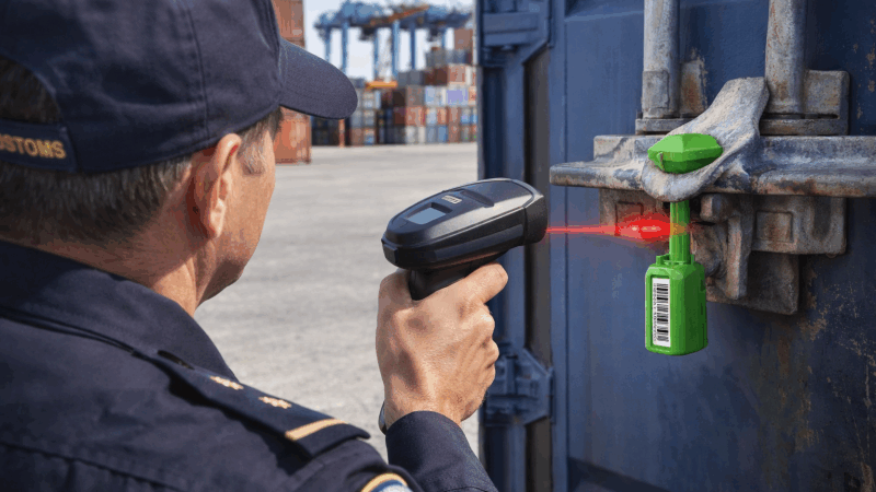 A customs officer scanning the barcode on a high-security container seal at a port.