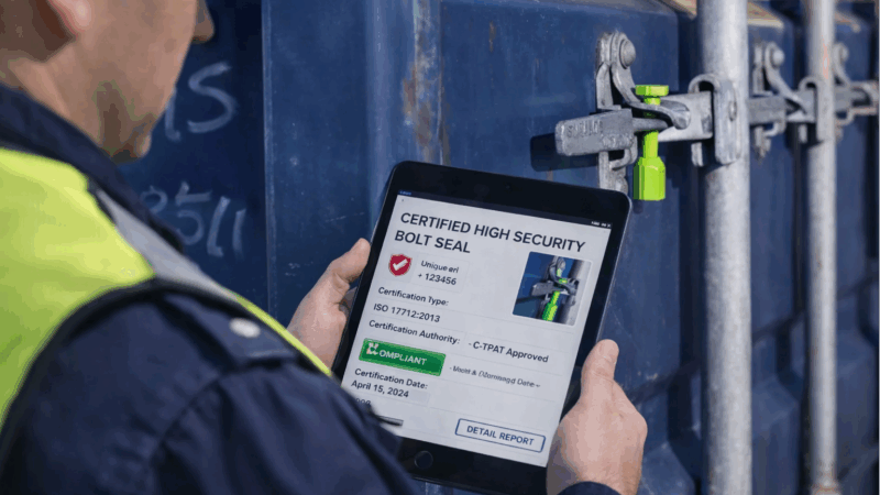 A customs officer examining a certified high-security bolt seal on a container, with a tablet showing its compliance data.