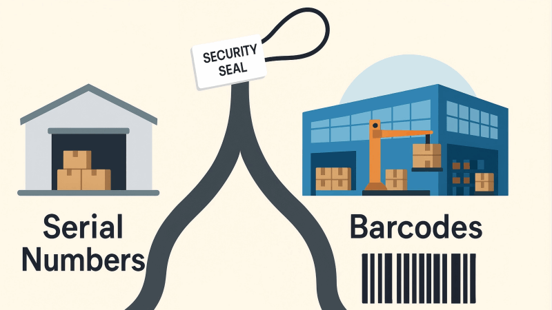 Serial Numbers leading to a small, simple warehouse, and the other path labeled "Barcodes" leading to a large, automated logistics hub.